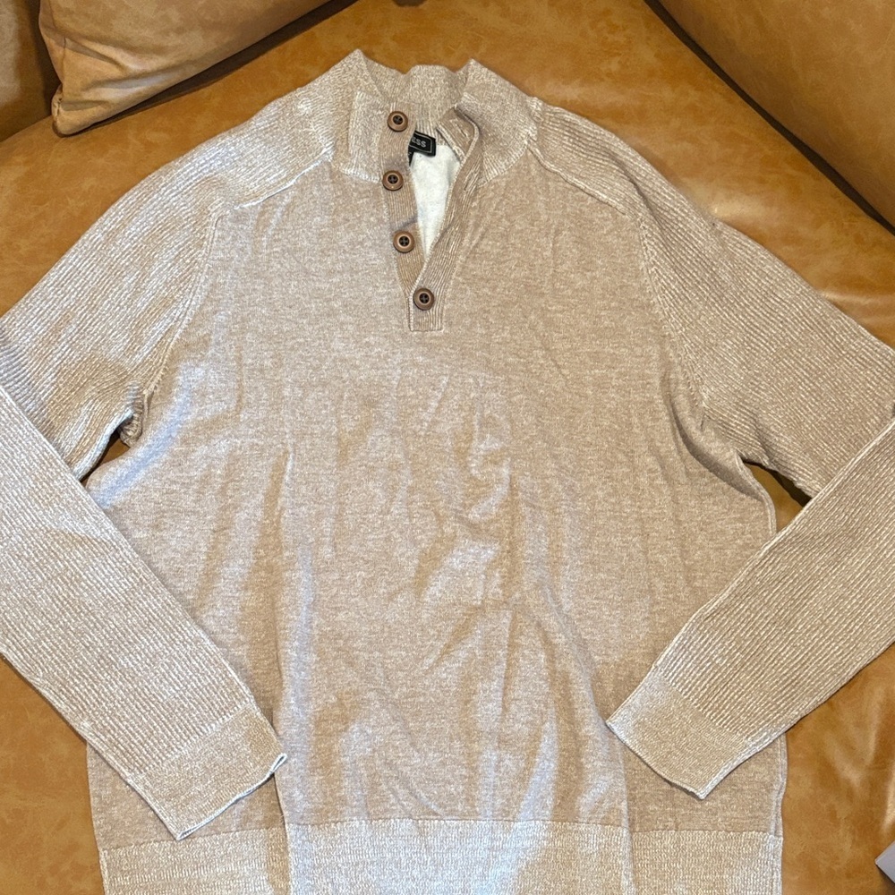 Express Men's Tan Sweater - Buttoned top - Size Extra Large